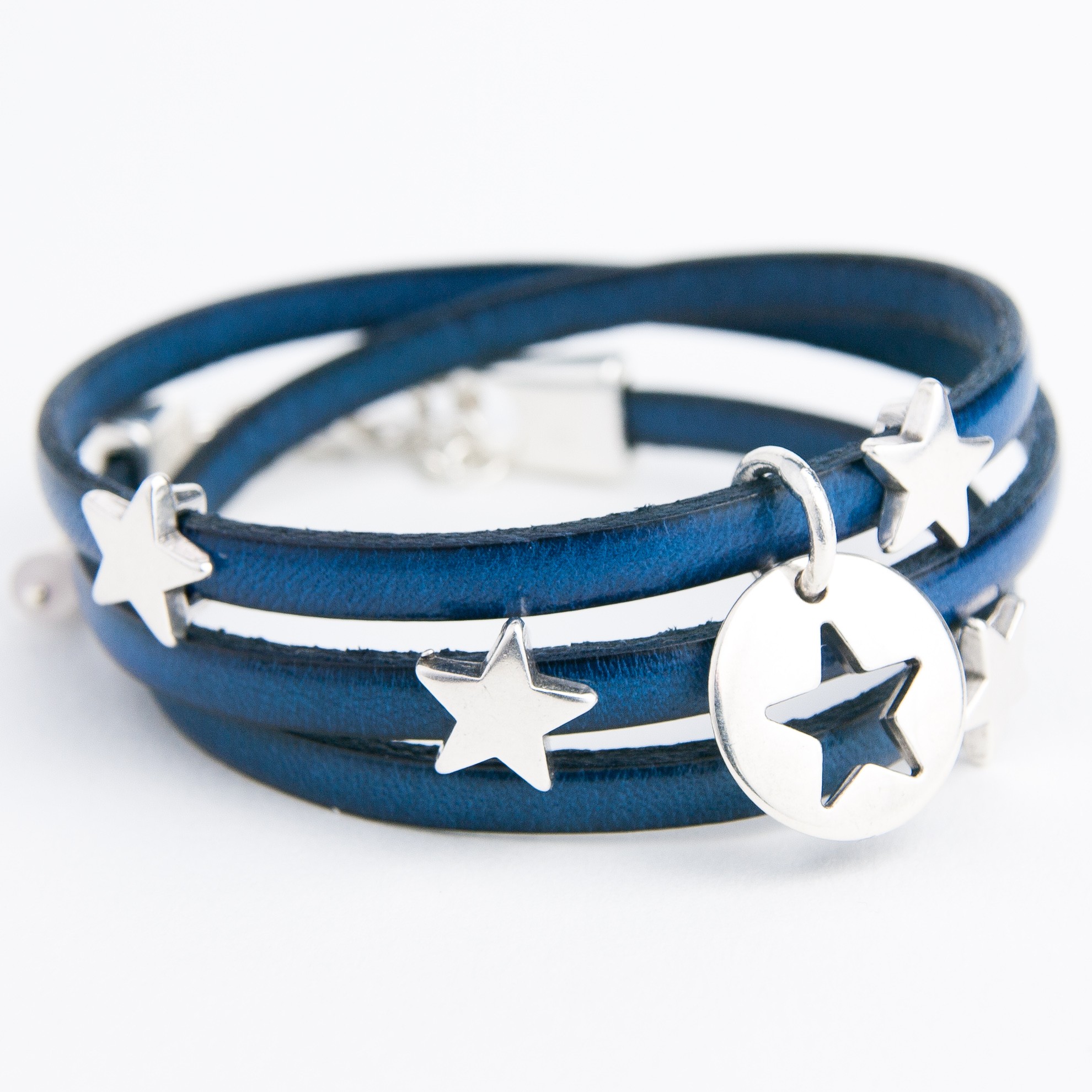 Bracelet en cuir nappa italien triple bleu avec finition argentée – Gemini  Official
