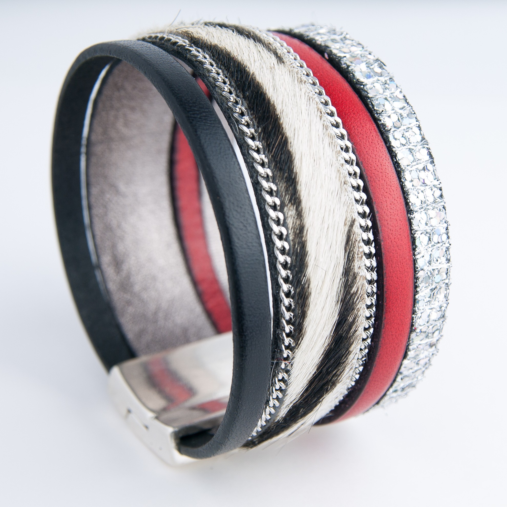 Bracelet cuir cordons rouge et tubes argentés - Anne-louise Colrat