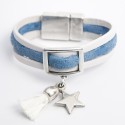 Bracelet cuir trois lanières blanc et daim bleu étoilé avec pompon et étoile 