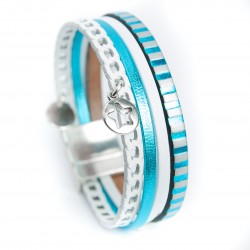 Bracelet cuir blanc rayé turquoise métallisé avec étoile