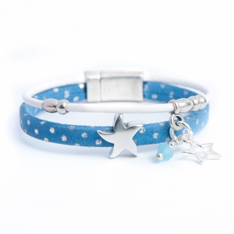 Bracelet cuir daim bleu à pois étoile et perle bleue